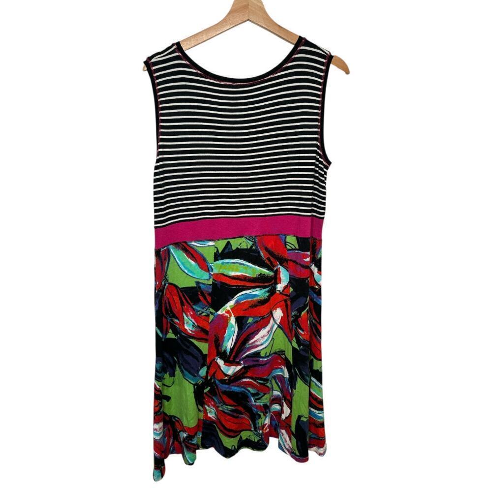Doris Streich Black Multicolor Stripe Floral Sleeveless Fit & Flare Dress Size L - Picture 2 of 3